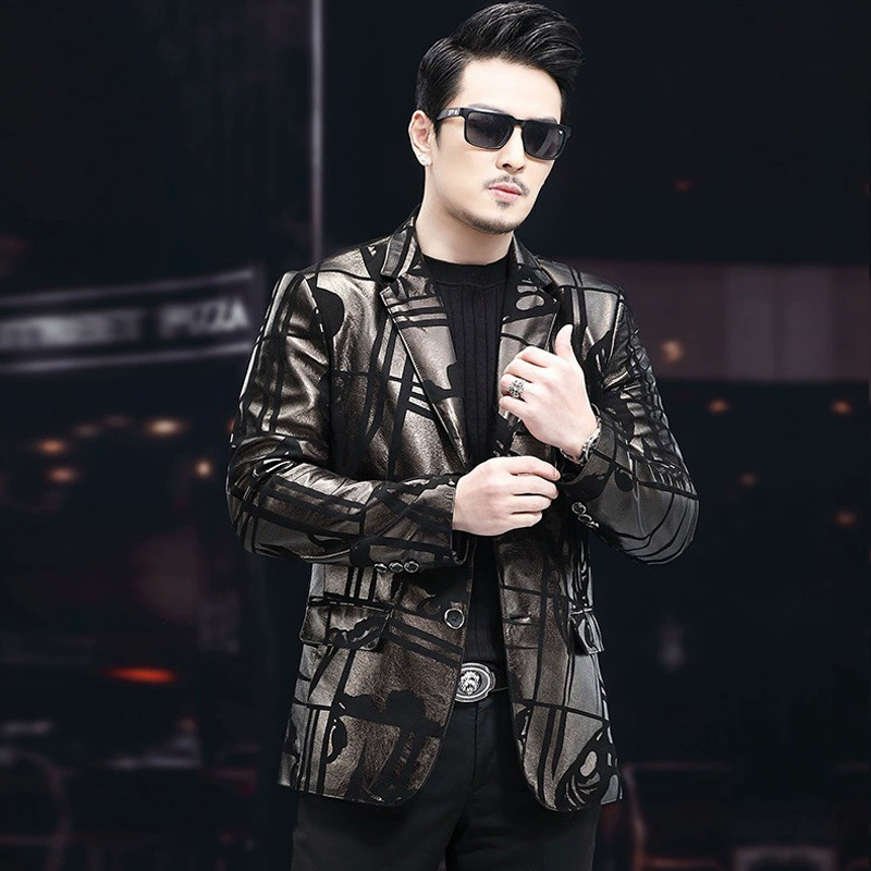 Мужской пиджак из натуральной кожи, slim fit, чёрный принт