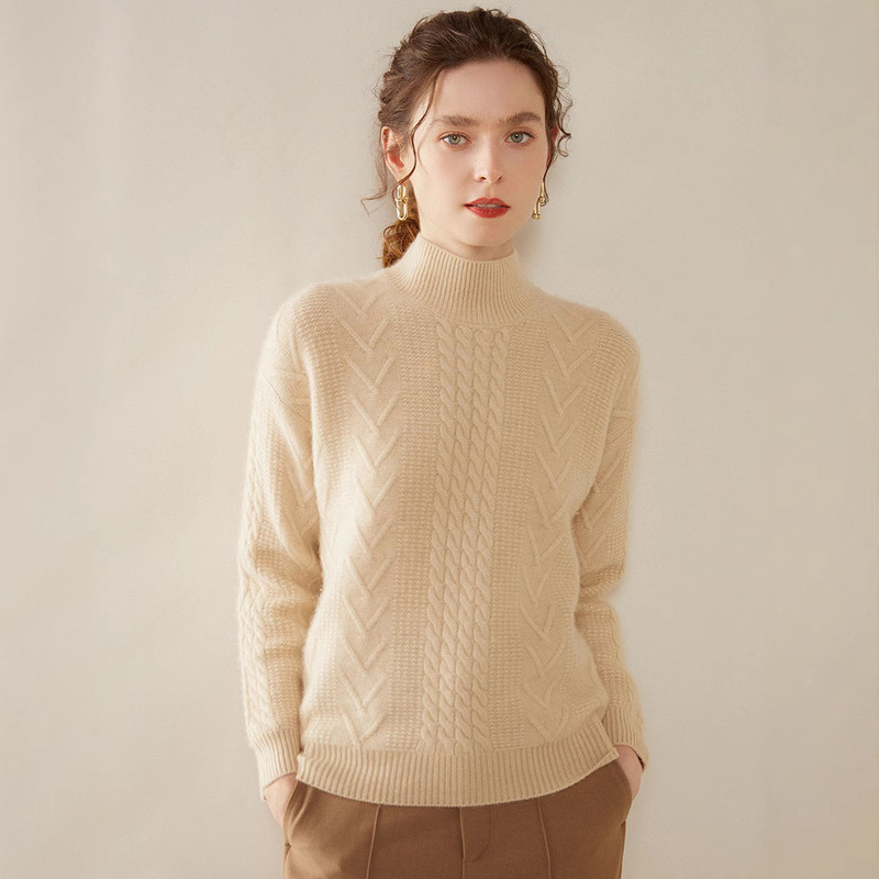 Half Turtleneck Thickeneded Cashmere Knitted Bottoming Shirt Women's Long-Sleeved Sweater Cable Design Versatile Skin-Friendly Warm Top