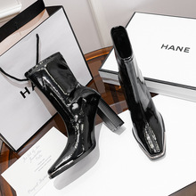 肯豆同款漆皮小短靴女洋气爆款秋冬方头粗跟高跟鞋欧美瘦瘦靴子女
