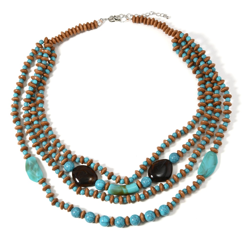 Collana lunga boho multistrato con perline legno e turchese_voghion.com