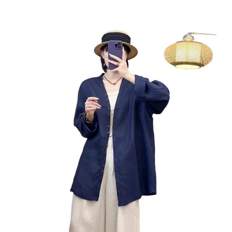 新品砂洗亚麻长袖气质V领多扣宽松中长款开衫上|undefined