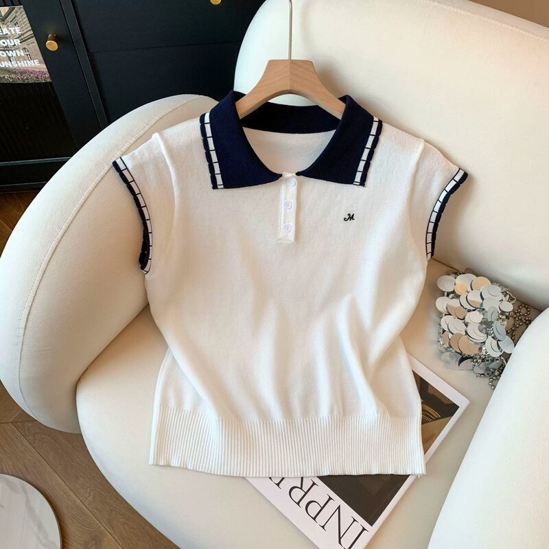 Korean-Style Loose Fit Slimming Color-Block Polo Collar Knit Top for Women, Summer Thin Comfortable Sports Wear with Small Flutter Sleeves Korean-Style Loose Fit Slimming Color-Block Polo Collar Knit Top for Women, Summer Thin Comfortable Sports Wear with Small Flutter Sleeves