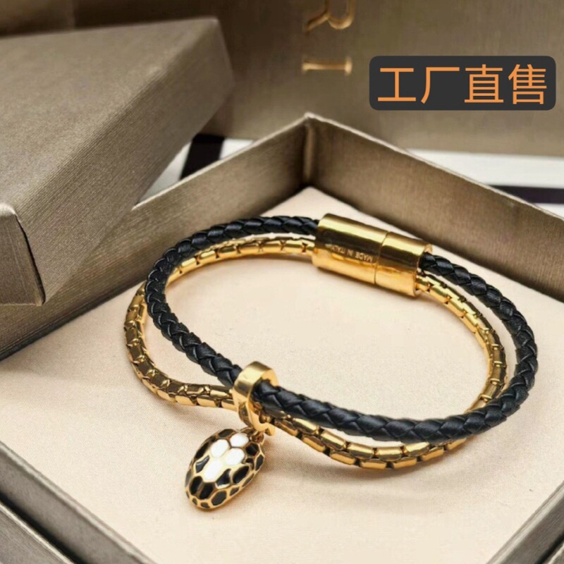 New 25 Years Classic Snakehead Calfskin Woven Red Rope Double Layer Bracelet Black Onyx White Enamel Snakehead Bracelet