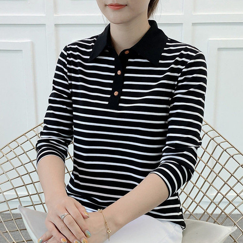 Middle-aged and elderly women's lapel tops casual mother's clothing spring and autumn striped T-shirt women's long-sleeved T-shirt base shirt