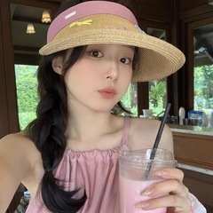 小眾設計彩色蝴蝶結遮陽草帽女夏海邊度假空頂帽防曬編織太陽帽子