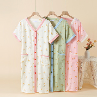 Summer New Women's Double Gauze Cotton V-neck Cardigan Button Home Dress Fairy Dress Bath Towel Bathrobe Short-sleeved plus size