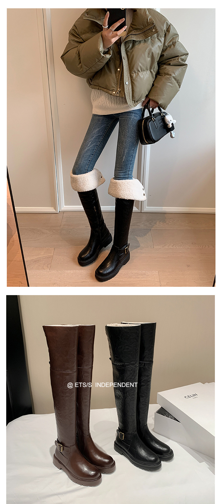 Boot nữ cổ cao qua gối hai lớp gấp gọn, lót lông cừu ấm áp, phong cách hiệp sĩ — màu đen chi tiết 18