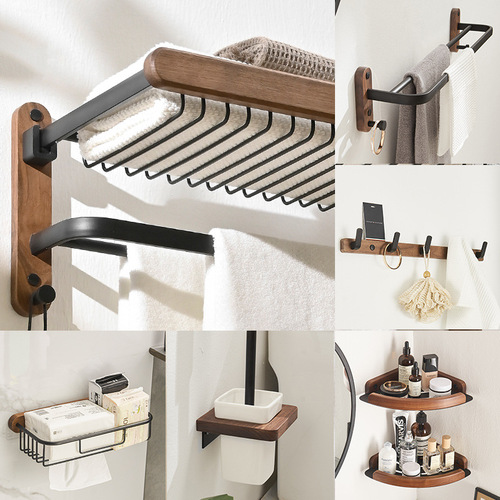 Bathroom shelf towel rack without drilling, bathroom wall-mounted cosmetic room toilet washroom bathroom walnut bath towel holder