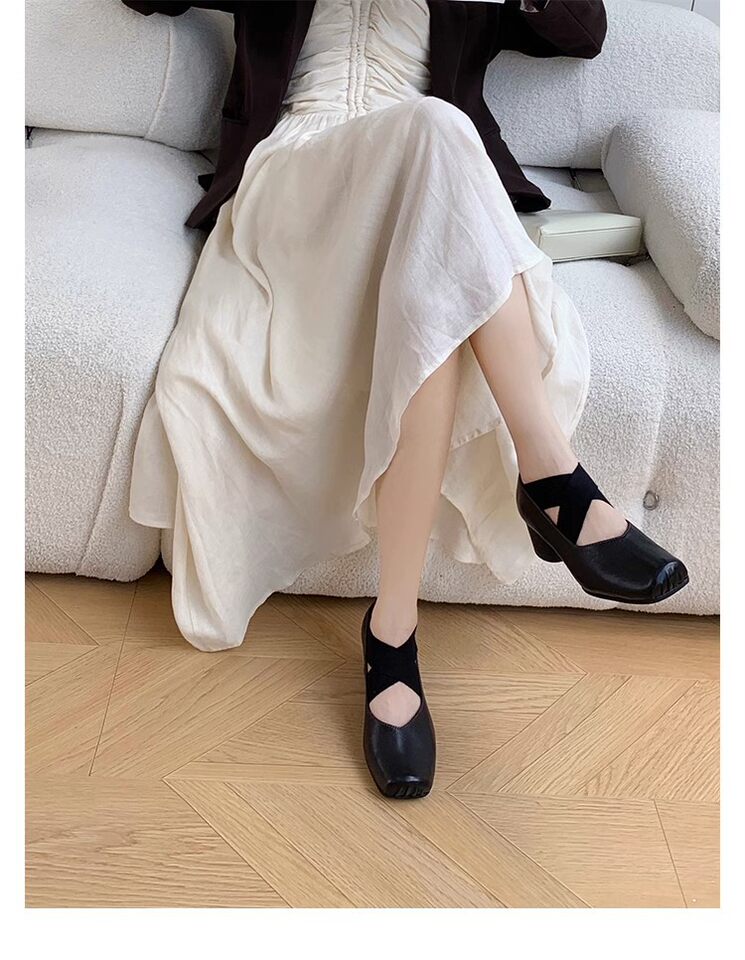 Giày búp bê nữ mũi vuông da cừu phối quai chéo, đế bệt gót thô 5 cm — Da đen (gót dày), Da đen (đáy phẳng), Màu trà sữa (gót dày), Màu trà sữa (đáy phẳng) chi tiết 58