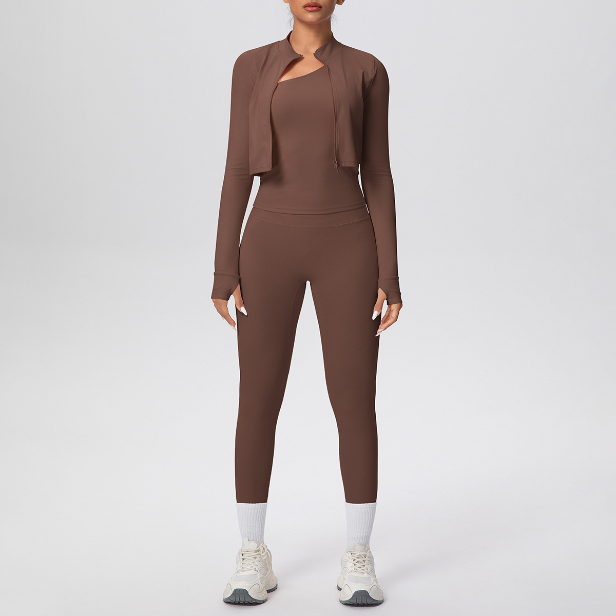 Cross-border color sólido abrasivo ajustado chaleco de hombro nueve puntos de largo conjunto de tres piezas de deporte, carrera y fitness yoga set