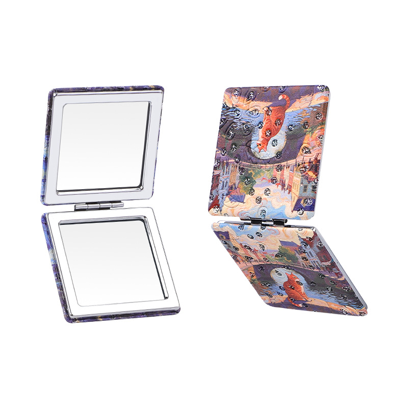 Ins viento flash perforación de piel pintura al óleo estrellado gato portátil doble espejo plegable espejo maquillaje para personalizar