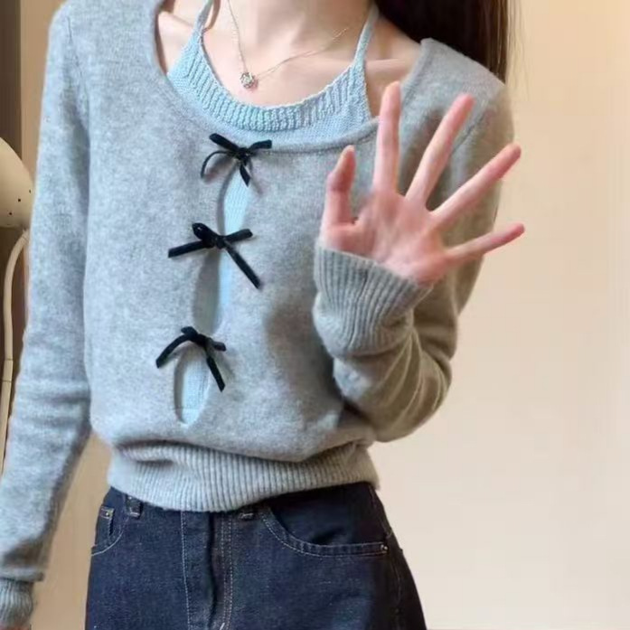 春秋季新款设计感蝴蝶结假两件毛衣女长袖针织衫露肩挂脖打底上衣