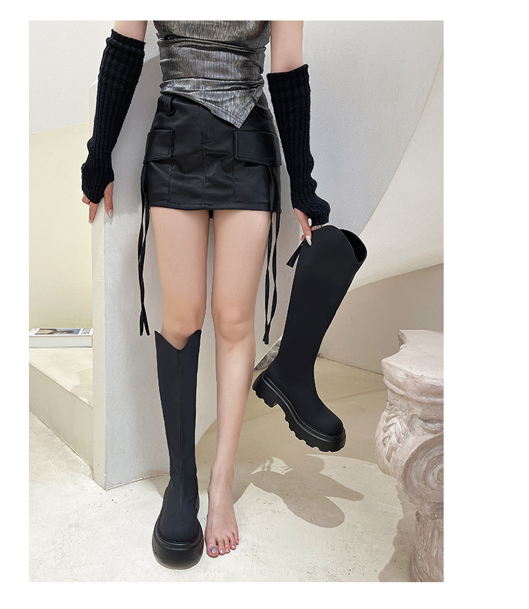 2023 Herbst/Winter Neue vielseitige koreanische Ausgabe Lange Stiefel Damen dicke Absätze schwarze französische Ritterstiefel dicke Sohlen_voghion.com