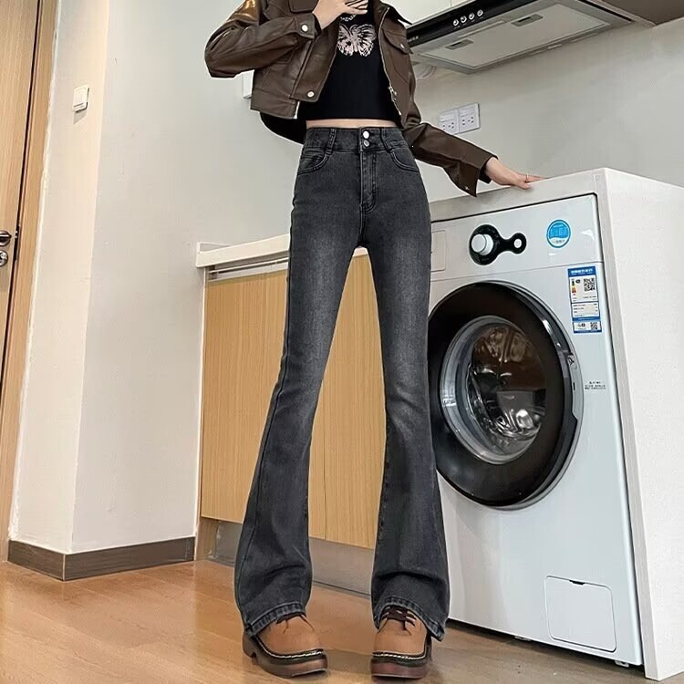 High-waisted double-button flared jeans for women, spring and autumn, slim fit, petite, retro, butt-lifting, bell-bottom long pants High-waisted double-button flared jeans for women, spring and autumn, slim fit, petite, retro, butt-lifting, bell-bottom long pants