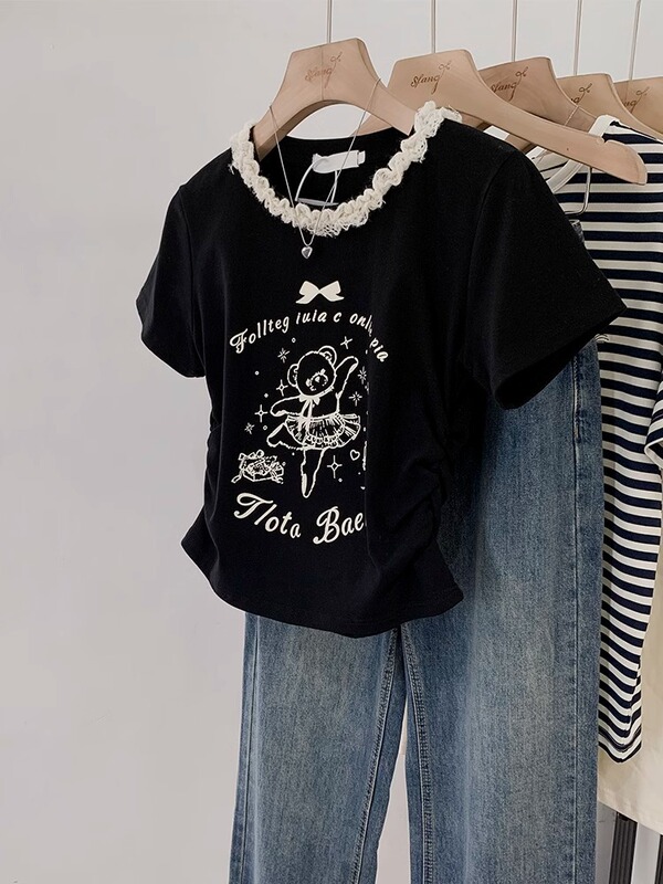 Cute Cartoon Ballet Bear Print Short-sleeved Women's Gentle Sweet Girl Lace Round Neck T-shirt Short