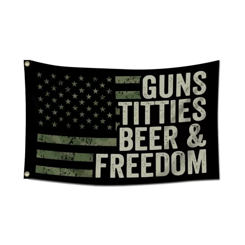 Флаговый баннер, 100D понже, 90×150 см, принт GUNS TITTIES BEER FREEDOM