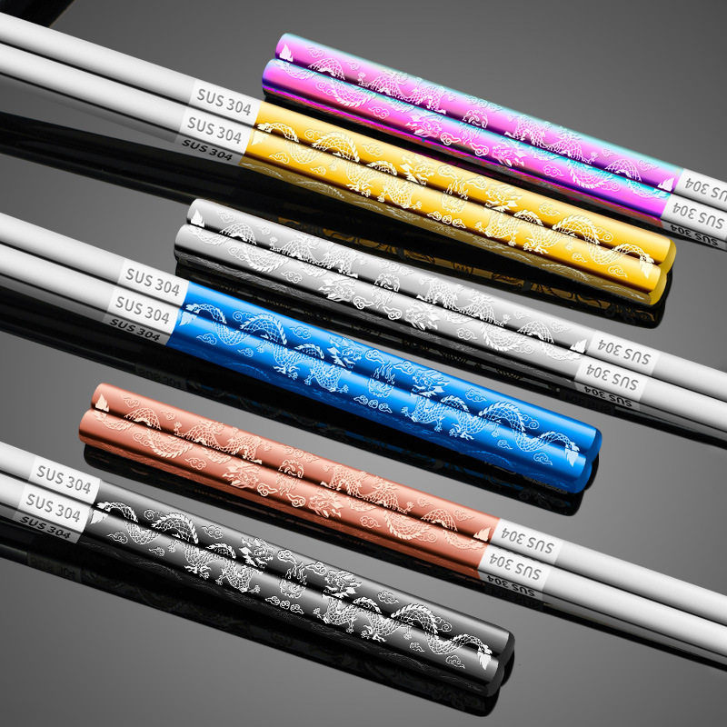 304不锈钢筷子 双龙戏珠龙凤呈祥方筷防滑防烫酒店婚庆伴手礼品装
