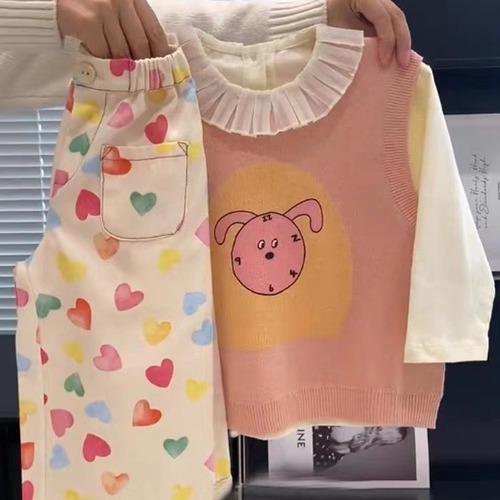 Girl's Spring Outfit 2024 New Cute Doll Shirt + Pink Vest + Heart Straight Pants Fashion Three-Piece Set