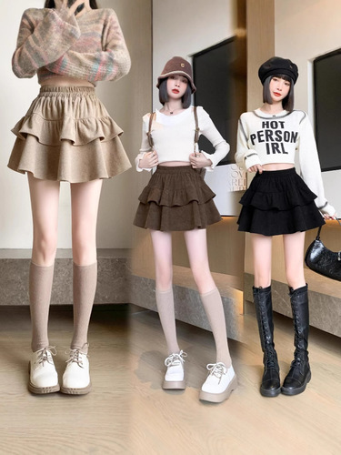 Women's Semi-Skirt Corduroy Autumn/Winter 2024 New Arrival Korean Style High-Waist Puffy Skirt Slimming Cake A-Line Pleated Skirt