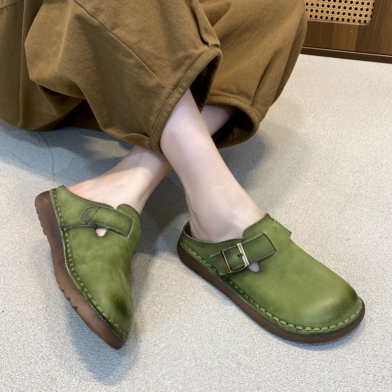 糖果色包头拖鞋女真皮软底皮带扣勃肯鞋2025夏季新款牛皮平底凉拖