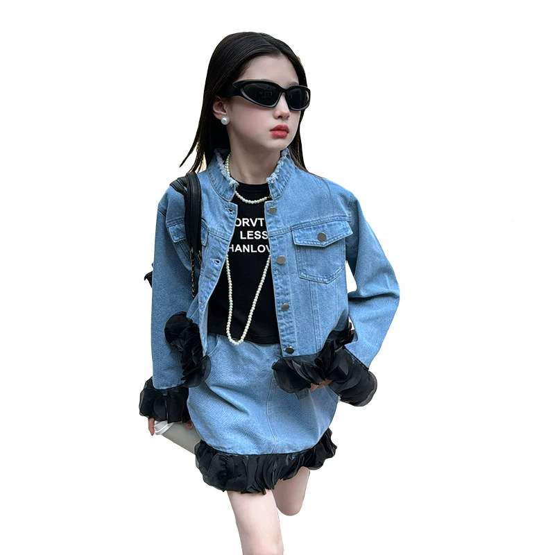 Fashionable set, denim skirt, autumn, city style, for teenagers, western style, (Cross-border trading)