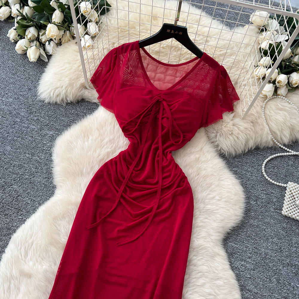 Elegant Red Short Sleeved Dress for Women Korean Style Pleated A-Line Long Skirt Sophisticated Flattering Slimming Work Dress_ecoleips.com