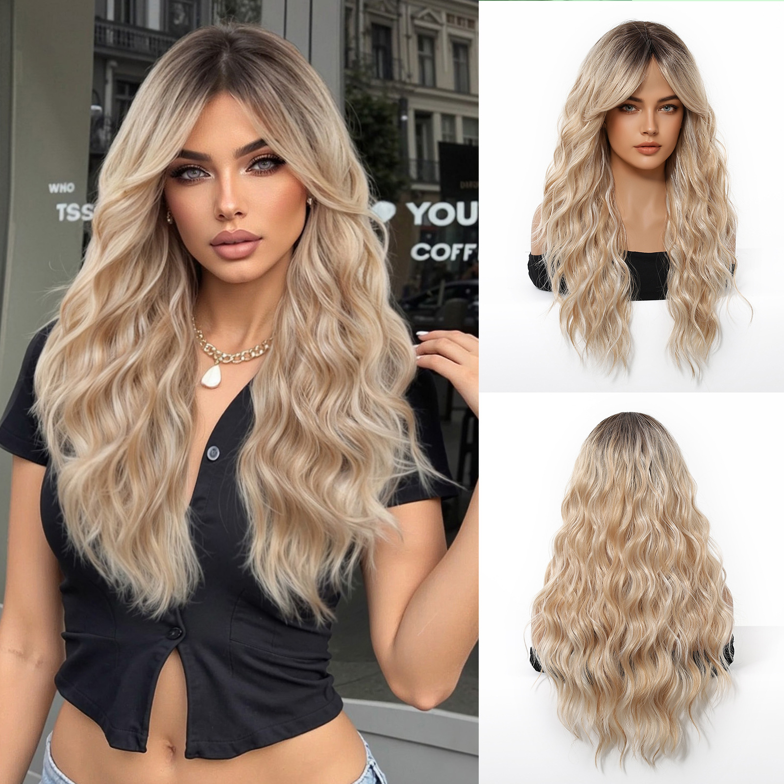 Peluca blanca y dorada degradada transfronteriza en Europa y los Estados Unidos aire flequillo esponjoso y perezoso estilo francés rizado conjunto completo de cabello image 11