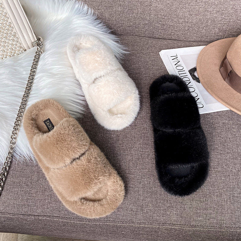 Dép lê nữ quai ngang một dây đế bằng lót lông ấm, đi trong nhà và ngoài trời — Màu Kaki, Màu trắng sữa, Màu đen