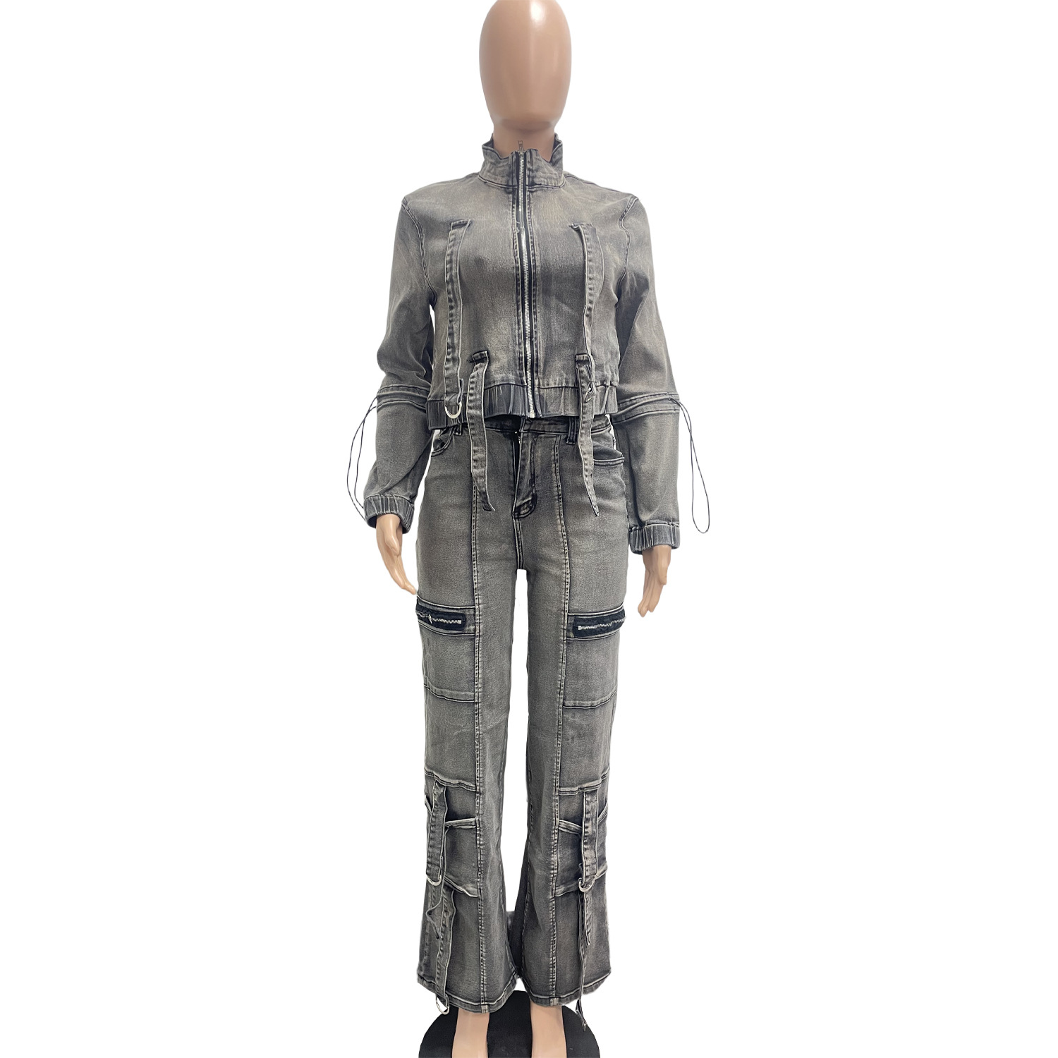 Dam denim set med stretch och högmidjade utility-byxor_voghion.com