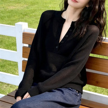 微透慵懒风宽松显瘦百搭休闲上衣2026新款黑色针织衫女半开扣