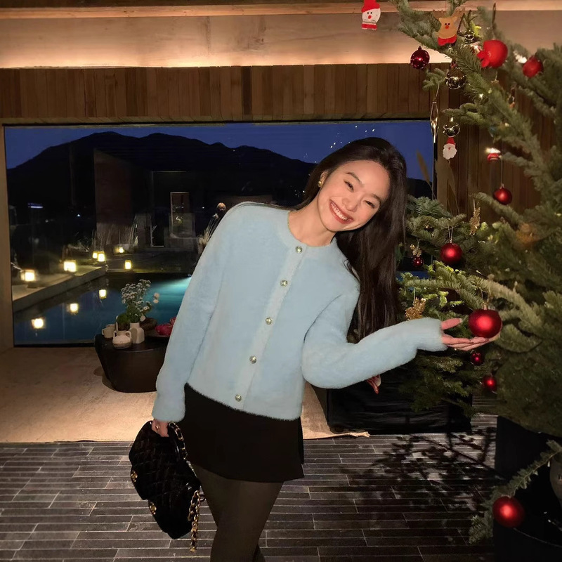 韩版仿水貂绒宽松设计感法式甜美毛衣女2025秋冬新款针织开衫外套|undefined