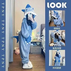 可爱鲨鱼珊瑚绒连体睡衣女秋冬季2025年新款加厚保暖一体式家居服