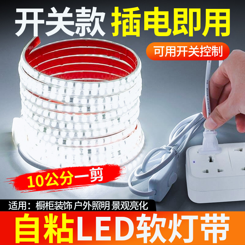 220V Outdoor LED Strip Light, Commercial Super Bright Waterproof Self-Adhesive LED Strip Light with Switch, Home Decoration Living Room Ceiling Light Strip