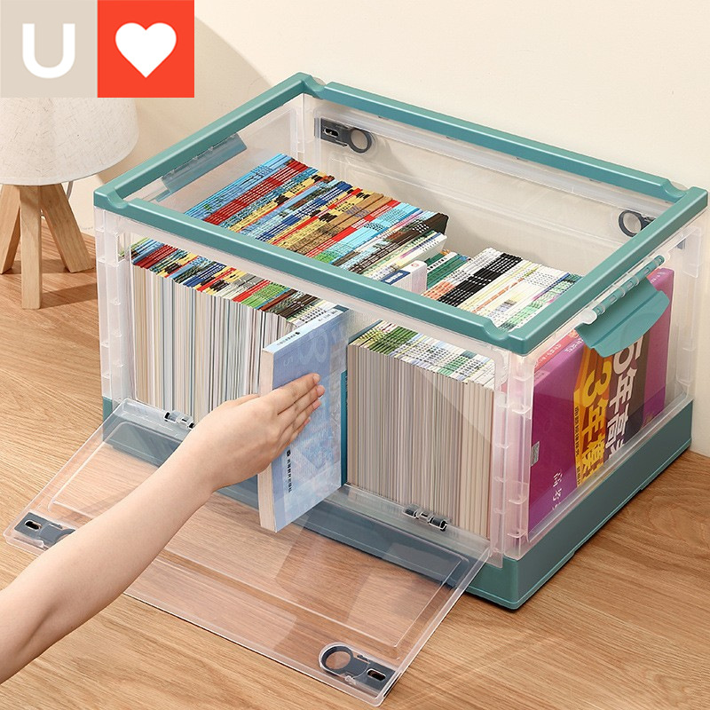 Younai Book Storage Box, Foldable Book Organizer Box, Large Book Storage Container with Side Opening