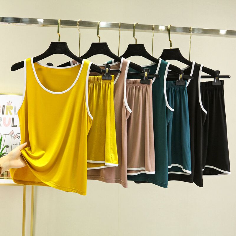 Summer Thin Modal Color-block Covered Vest Shorts Home Suit Casual Large Size Loose Pajamas Two-piece Set