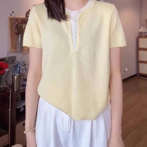 Plus Size Striped Mock Two-Piece Ice Silk Short-Sleeve Knit Top for Women 2025 Summer Fat MM Fashion Loose Youthful Upper Body Shirt