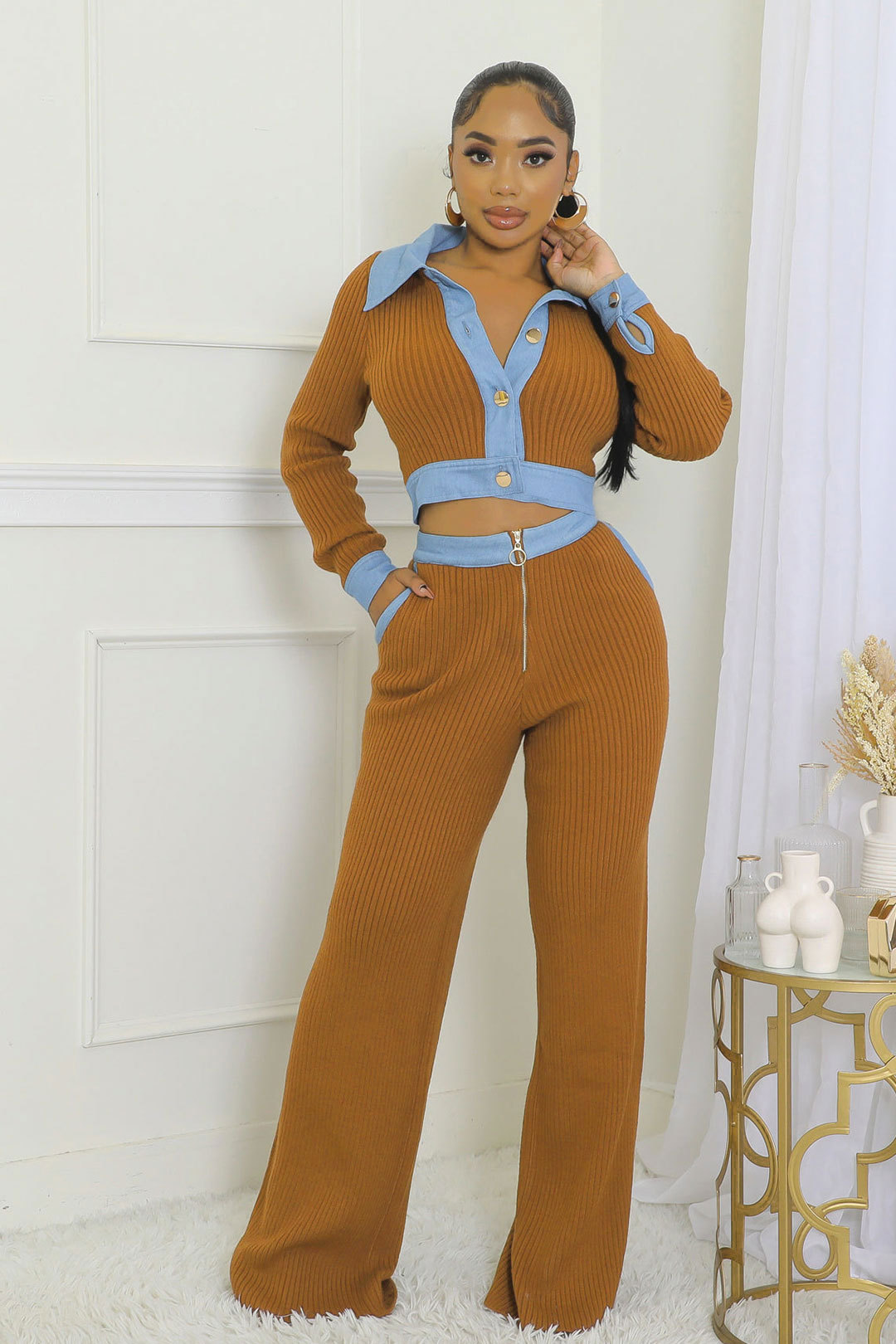 Abbigliamento donna sexy monopetto slim retro polo slim maglia pantaloni maglione due set_voghion.com