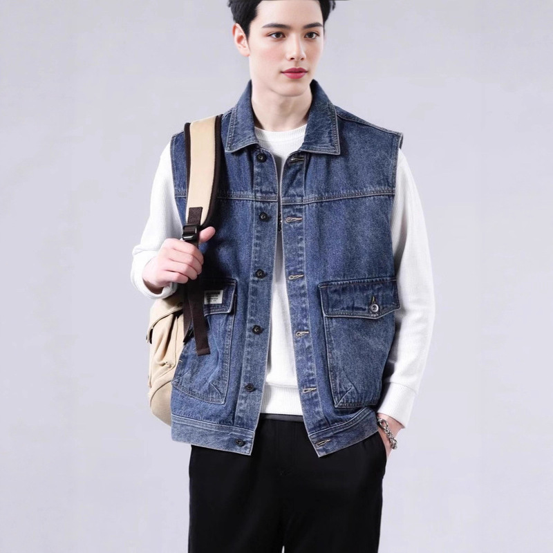 Men's Denim Cargo Vest with Large Pockets, Spring and Autumn Trendy Loose Versatile Sleeveless Denim Jacket
