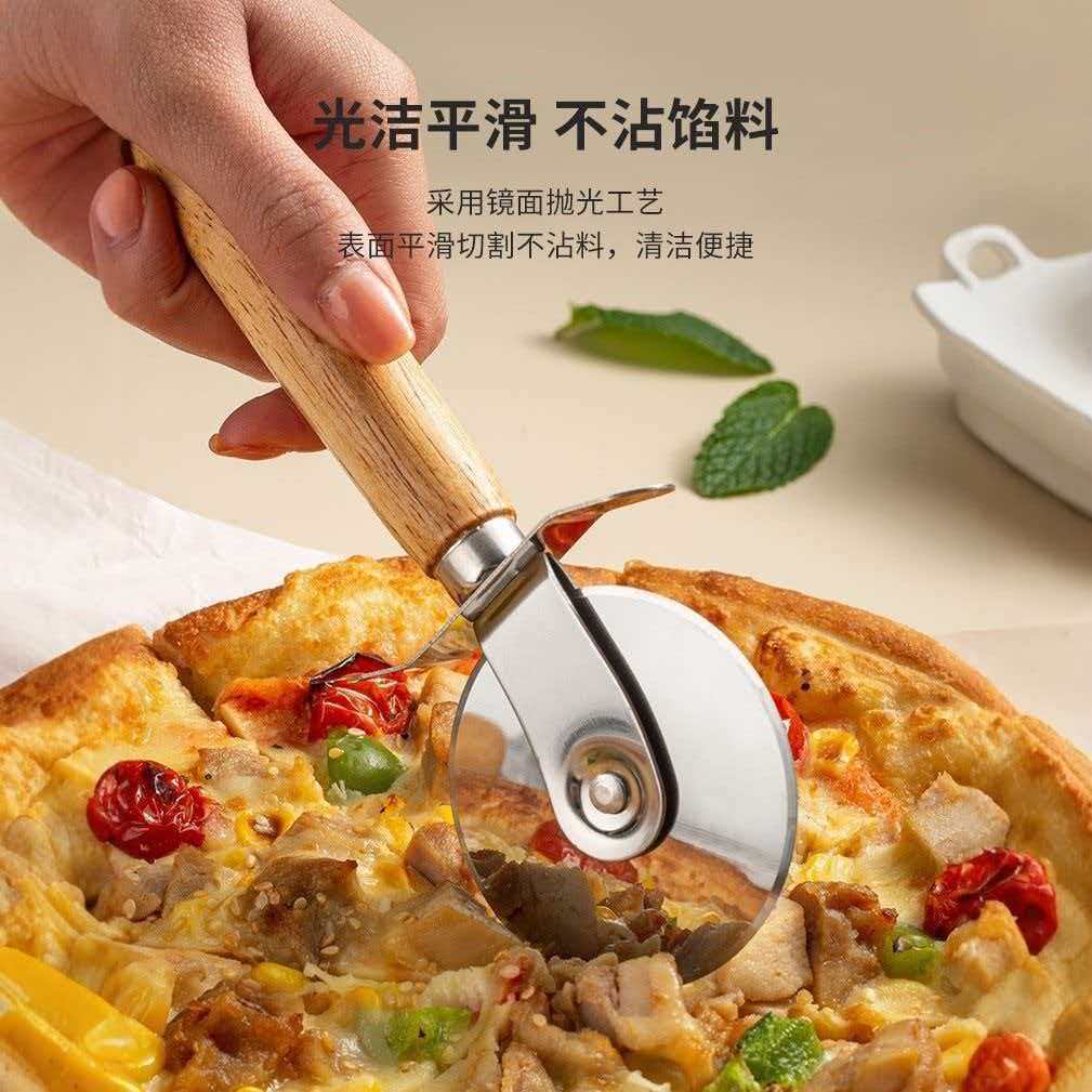 Cuchillo de pizza de acero inoxidable cuchillo de madera cuchillo de pizza cuchillo de pastel cuchillo de rodillo único cuchillo de horneado de pizza