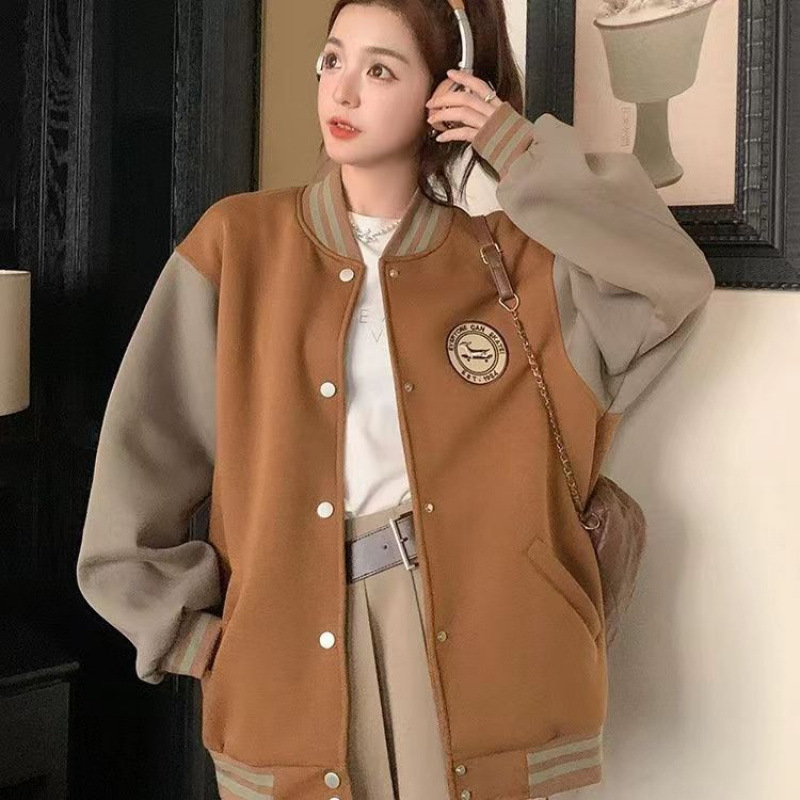 刺绣+加绒加厚，美式复古棒球服外套女冬季加厚宽松情侣夹克|undefined