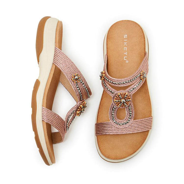 Dép sandal nữ quai chữ V đế xuồng thêu điện bohemian — Champagne màu, màu đen, màu hồng chi tiết 32
