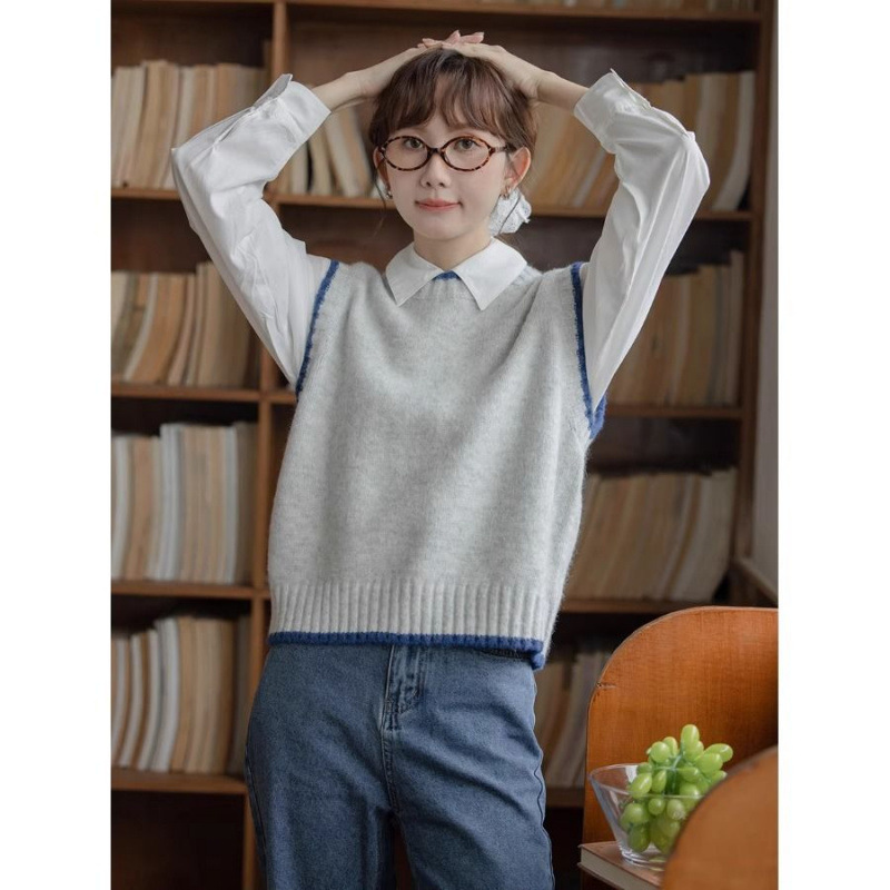 Korean College Style Vest Grey Sweater Vest Knitted Sweater Autumn New Wear Shirt Top Two-piece Suit