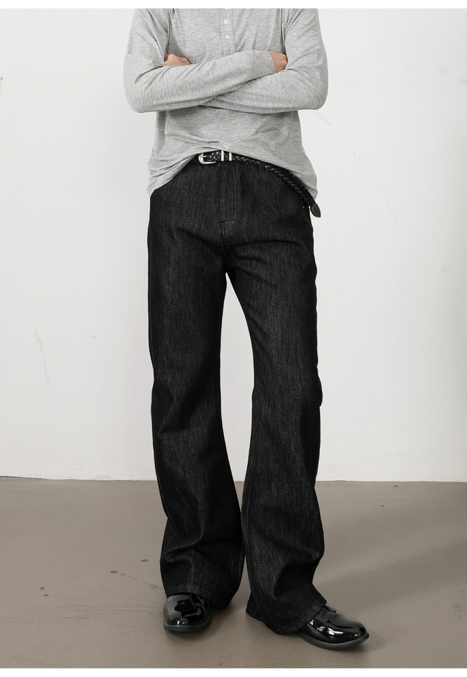 Quần jeans nam denim thô ống loe nhẹ dáng rộng có thêu — Denim đen chi tiết 13