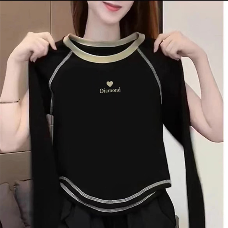 Pure Cotton T-Shirt Bottoming Shirt Women's Long-Sleeved Spring & Fall 2025 Black Versatile Asymmetrical Contrasting Color T-Shirt Inner Top