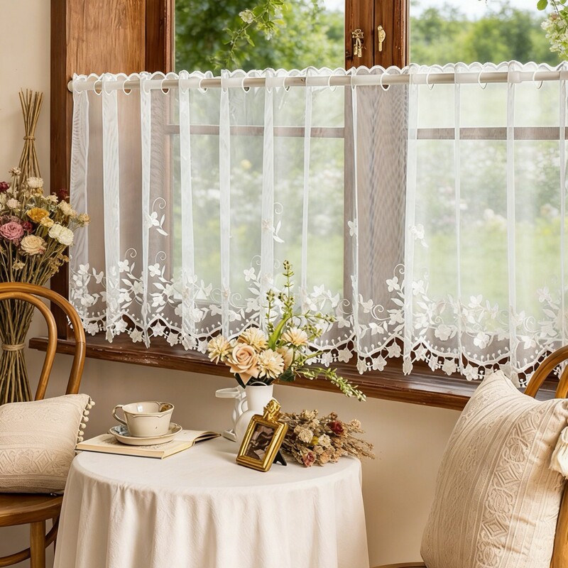 French-Style Embroidered Sheer Curtain with Floral Cut-Out Lace, Short Curtain with a Dreamy Light-Filtering Effect, Rod-Style Half Curtain, Finished Product for Cross-Border Wholesale French-Style Embroidered Sheer Curtain with Floral Cut-Out Lace, Short Curtain with a Dreamy Light-Filtering Effect, Rod-Style Half Curtain, Finished Product for Cross-Border Wholesale