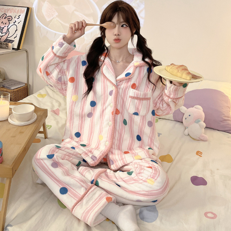 잠옷 여성의 가을 겨울 플란넬 두꺼운 달콤한 귀여운 한국 산호 양털 따뜻한 잠옷 홈 세트