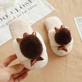 公主棉拖2025新款儿童拖鞋秋冬季毛球加绒女童一字拖宝宝家居成年