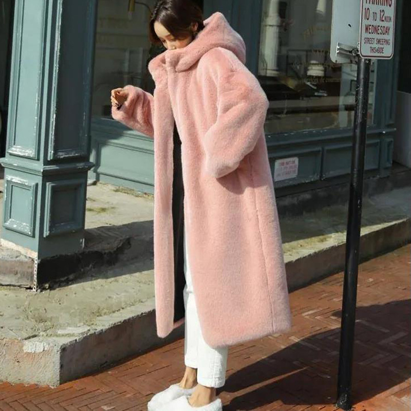 2024 Korean Style Long Imitation Fur Outwear Hooded Winter Outwear Casual Large Size Mink Rabbit Fur Plush Accessible Luxury