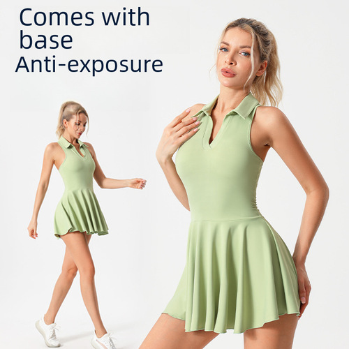 Cross-border lulu with built-in bra sport suit badminton anti-scandal tennis skirt women running one-piece sport short skirt