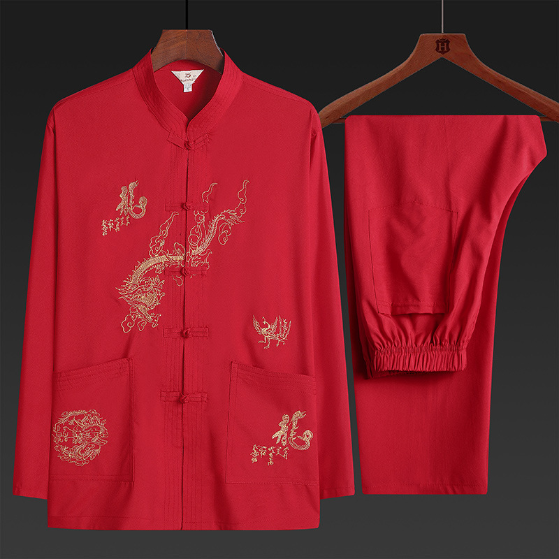 Men's long-sleeved Tang suit for middle-aged and elderly men, featuring Chinese dragon embroidery, loose-fitting morning exercise outfit for fathers, and Hanfu for grandfathers.